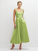 Front View Thumbnail - Mojito Square Neck Satin Midi Dress with Full Skirt & Pockets