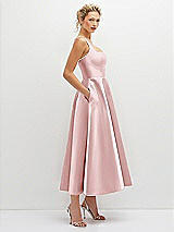 Side View Thumbnail - Ballet Pink Square Neck Satin Midi Dress with Full Skirt & Pockets