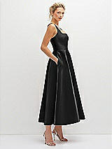 Side View Thumbnail - Black Square Neck Satin Midi Dress with Full Skirt & Pockets