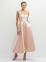 Front View Thumbnail - Cameo Square Neck Satin Midi Dress with Full Skirt & Pockets