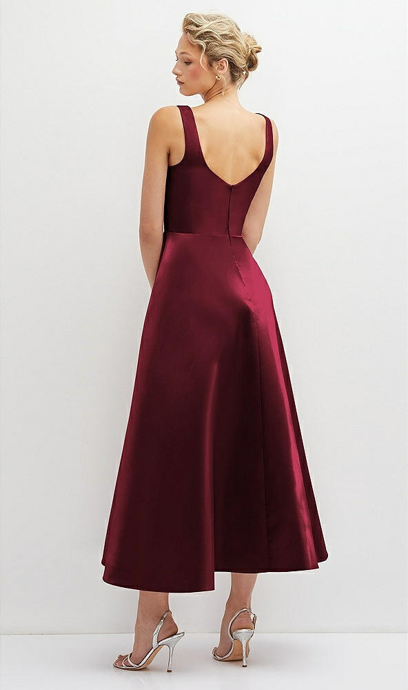 Back View - Cabernet Square Neck Satin Midi Dress with Full Skirt & Pockets