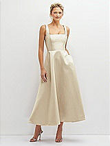 Front View Thumbnail - Champagne Square Neck Satin Midi Dress with Full Skirt & Pockets