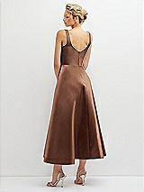Rear View Thumbnail - Cognac Square Neck Satin Midi Dress with Full Skirt & Pockets