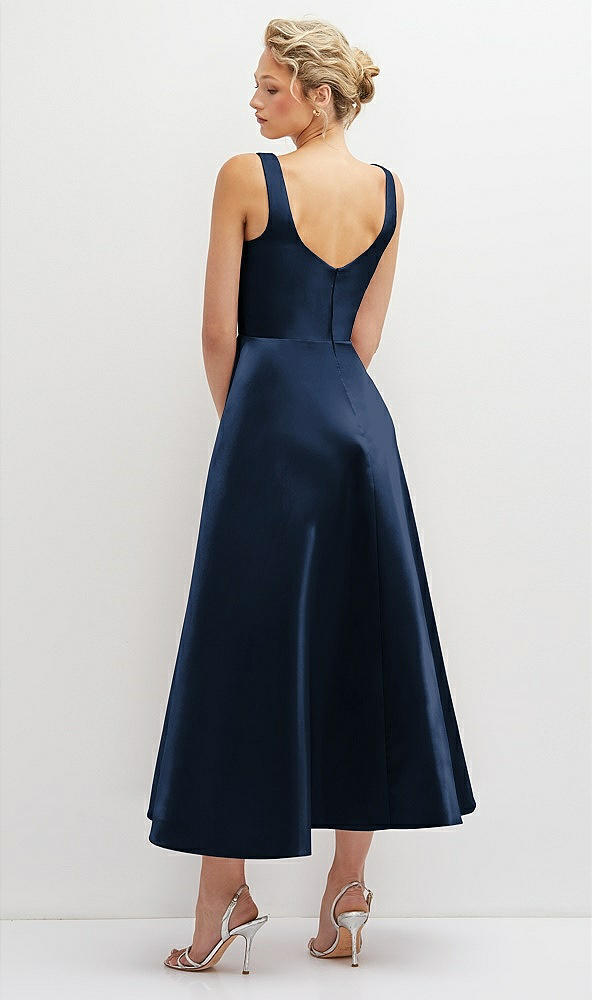 Back View - Midnight Navy Square Neck Satin Midi Dress with Full Skirt & Pockets