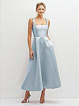 Front View Thumbnail - Mist Square Neck Satin Midi Dress with Full Skirt & Pockets