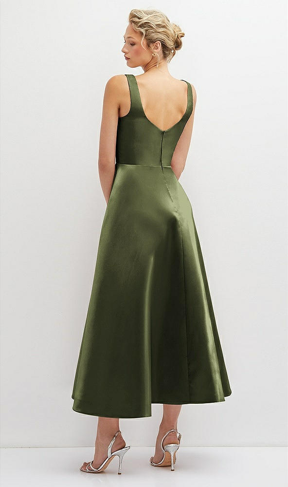Back View - Olive Green Square Neck Satin Midi Dress with Full Skirt & Pockets