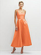 Front View Thumbnail - Portofino Orange Square Neck Satin Midi Dress with Full Skirt & Pockets
