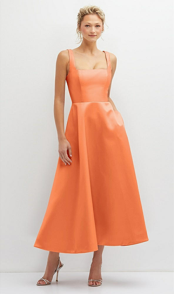Front View - Portofino Orange Square Neck Satin Midi Dress with Full Skirt & Pockets