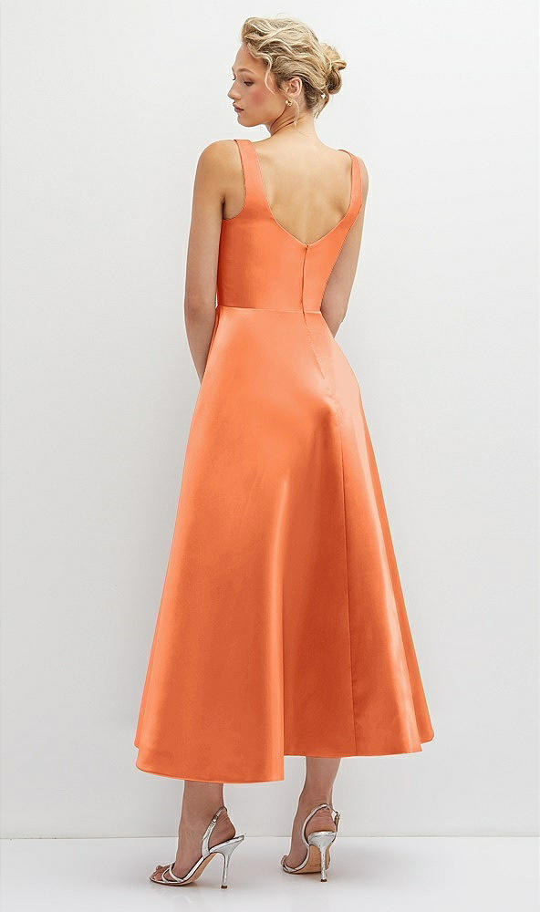 Back View - Portofino Orange Square Neck Satin Midi Dress with Full Skirt & Pockets