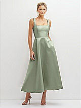 Front View Thumbnail - Sage Square Neck Satin Midi Dress with Full Skirt & Pockets