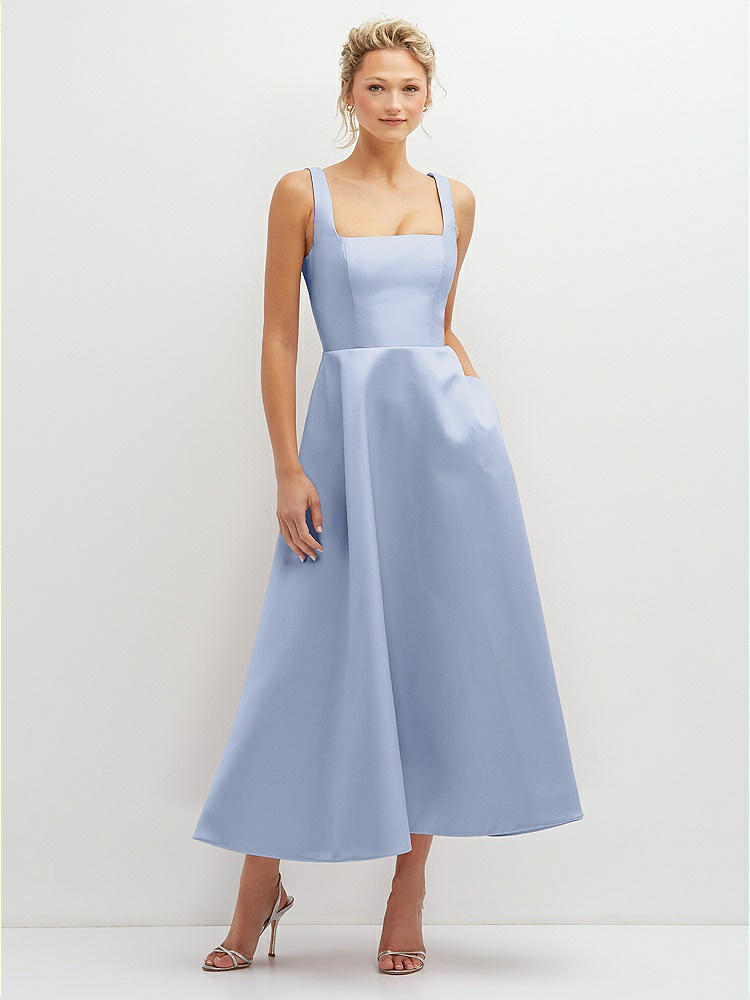 Square Neck Satin Midi Bridesmaid Dress With Full Skirt & Flower