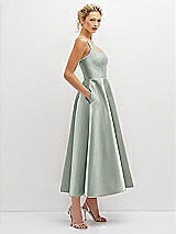 Side View Thumbnail - Willow Green Square Neck Satin Midi Dress with Full Skirt & Pockets