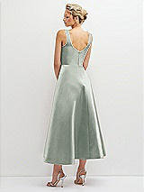 Rear View Thumbnail - Willow Green Square Neck Satin Midi Dress with Full Skirt & Pockets