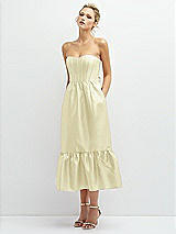 Alt View 1 Thumbnail - Butter Yellow Strapless Satin Midi Corset Dress with Lace-Up Back & Ruffle Hem
