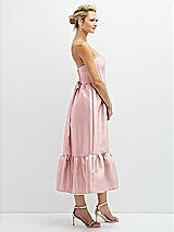 Side View Thumbnail - Ballet Pink Strapless Satin Midi Corset Dress with Lace-Up Back & Ruffle Hem