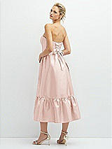 Rear View Thumbnail - Blush Strapless Satin Midi Corset Dress with Lace-Up Back & Ruffle Hem
