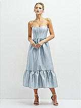 Front View Thumbnail - Mist Strapless Satin Midi Corset Dress with Lace-Up Back & Ruffle Hem