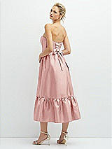 Rear View Thumbnail - Rose Strapless Satin Midi Corset Dress with Lace-Up Back & Ruffle Hem