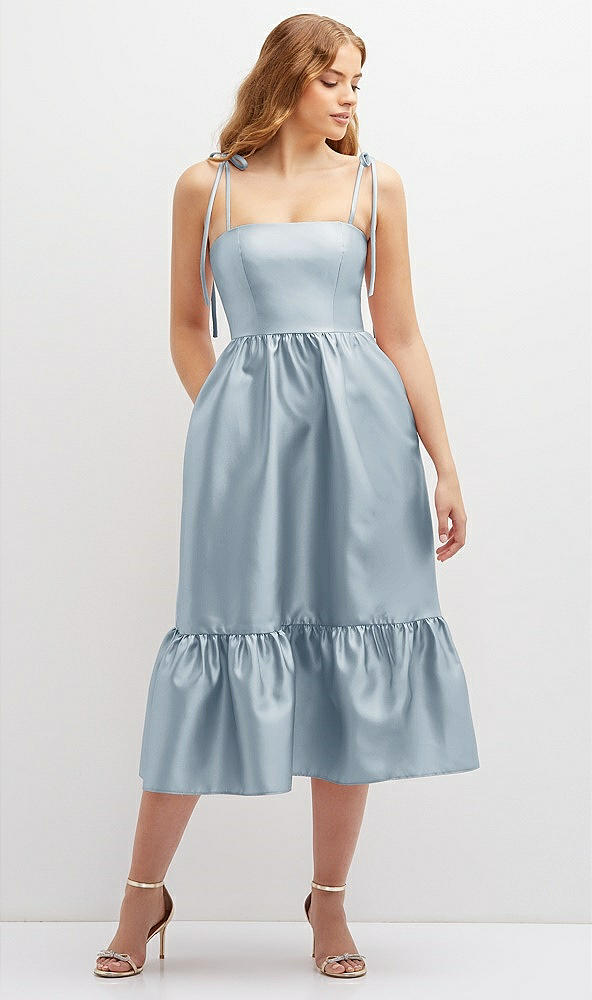 Front View - Mist Shirred Ruffle Hem Midi Dress with Self-Tie Spaghetti Straps and Pockets