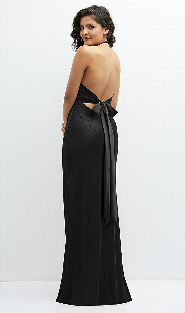 Back View - Black Plunge Halter Open-Back Maxi Bias Dress with Low Tie Back