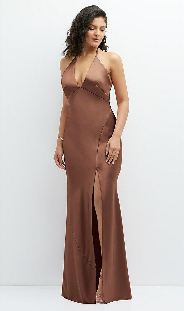 Front View - Cognac Plunge Halter Open-Back Maxi Bias Dress with Low Tie Back