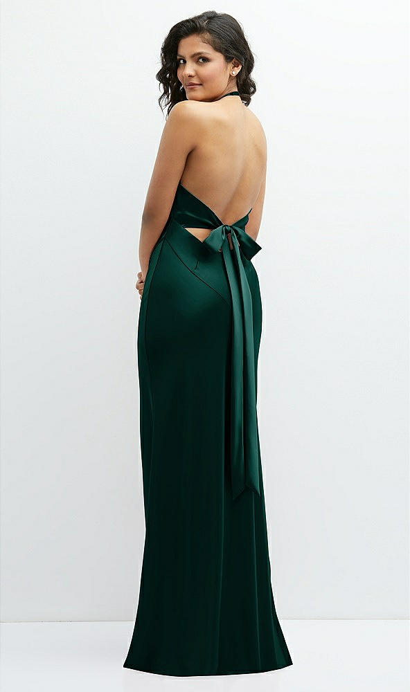 Back View - Evergreen Plunge Halter Open-Back Maxi Bias Dress with Low Tie Back
