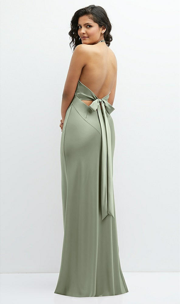 Back View - Sage Plunge Halter Open-Back Maxi Bias Dress with Low Tie Back