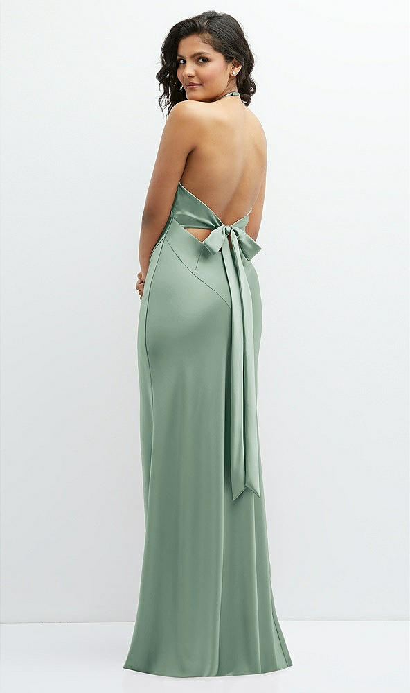 Back View - Seagrass Plunge Halter Open-Back Maxi Bias Dress with Low Tie Back