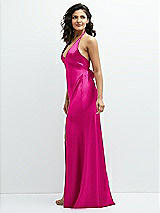 Side View Thumbnail - Think Pink Plunge Halter Open-Back Maxi Bias Dress with Low Tie Back
