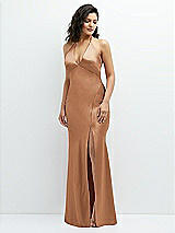 Front View Thumbnail - Toffee Plunge Halter Open-Back Maxi Bias Dress with Low Tie Back