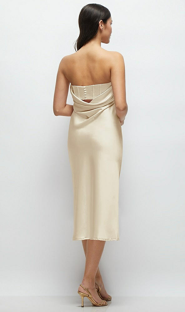 Back View - Champagne Strapless Midi Bias Column Dress with Peek-a-Boo Corset Back