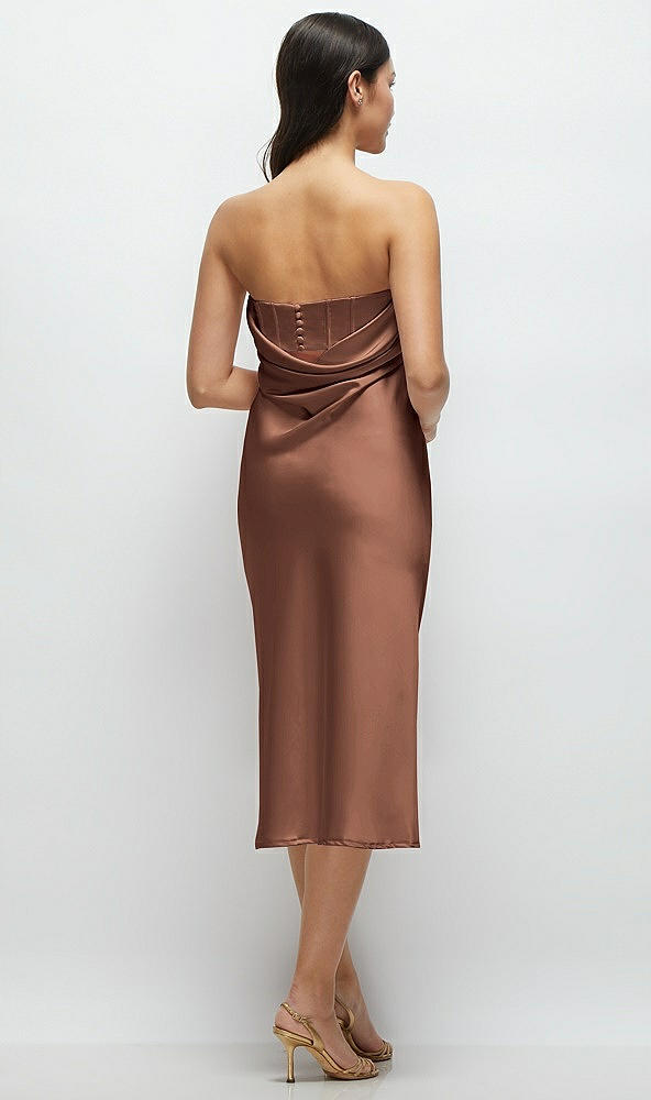 Back View - Cognac Strapless Midi Bias Column Dress with Peek-a-Boo Corset Back