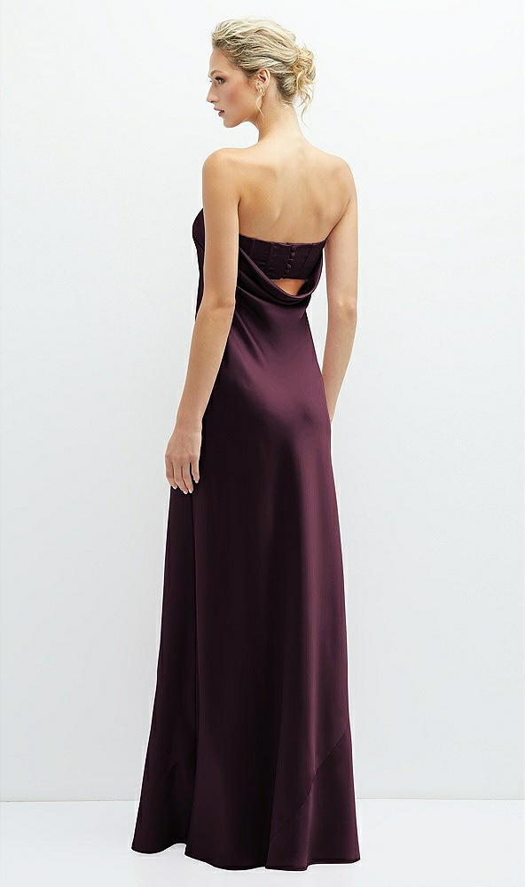 Back View - Deep Plum Strapless Maxi Bias Column Dress with Peek-a-Boo Corset Back