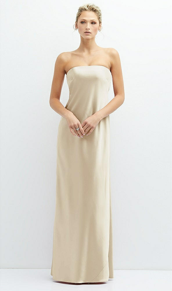 Front View - Champagne Strapless Maxi Bias Column Dress with Peek-a-Boo Corset Back