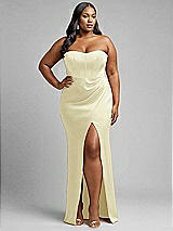 Alt View 1 Thumbnail - Butter Yellow Strapless Topstitched Corset Satin Maxi Dress with Draped Column Skirt