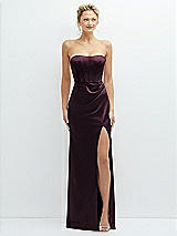Front View Thumbnail - Deep Plum Strapless Topstitched Corset Satin Maxi Dress with Draped Column Skirt
