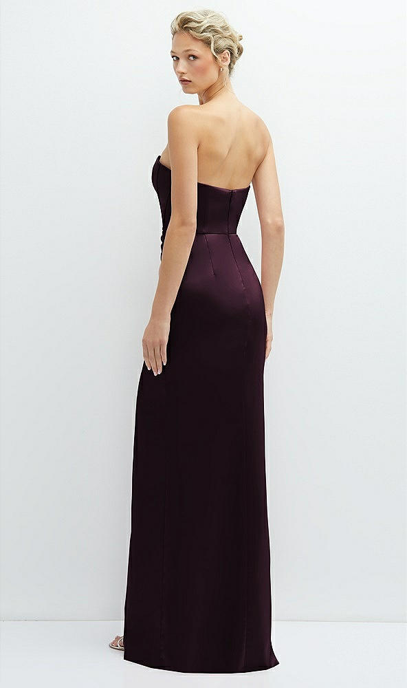 Back View - Deep Plum Strapless Topstitched Corset Satin Maxi Dress with Draped Column Skirt