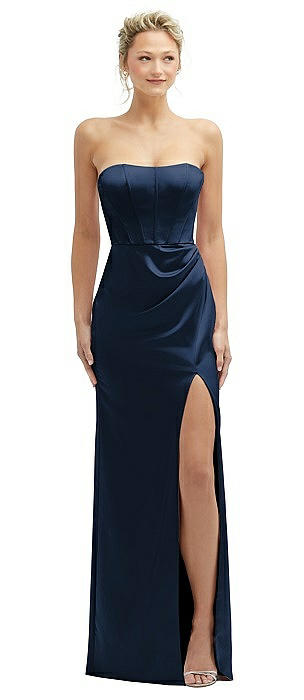 Strapless Topstitched Corset Satin Maxi Dress with Draped Column Skirt