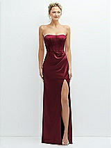 Front View Thumbnail - Cabernet Strapless Topstitched Corset Satin Maxi Dress with Draped Column Skirt