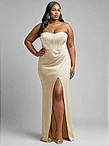 Alt View 1 Thumbnail - Champagne Strapless Topstitched Corset Satin Maxi Dress with Draped Column Skirt