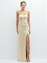Front View Thumbnail - Champagne Strapless Topstitched Corset Satin Maxi Dress with Draped Column Skirt