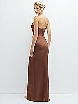 Rear View Thumbnail - Cognac Strapless Topstitched Corset Satin Maxi Dress with Draped Column Skirt