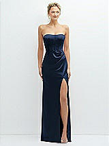 Front View Thumbnail - Midnight Navy Strapless Topstitched Corset Satin Maxi Dress with Draped Column Skirt