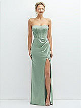 Front View Thumbnail - Seagrass Strapless Topstitched Corset Satin Maxi Dress with Draped Column Skirt