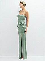 Side View Thumbnail - Seagrass Strapless Topstitched Corset Satin Maxi Dress with Draped Column Skirt