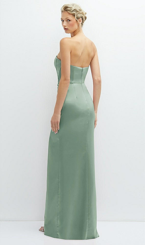 Back View - Seagrass Strapless Topstitched Corset Satin Maxi Dress with Draped Column Skirt