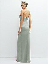 Rear View Thumbnail - Willow Green Strapless Topstitched Corset Satin Maxi Dress with Draped Column Skirt