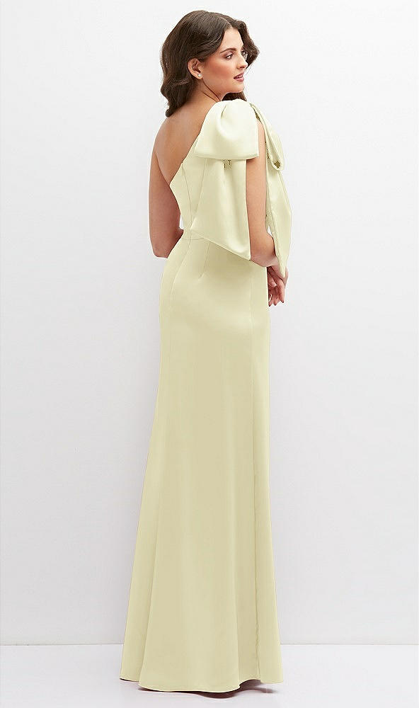 Back View - Butter Yellow One-Shoulder Satin Maxi Dress with Chic Oversized Shoulder Bow