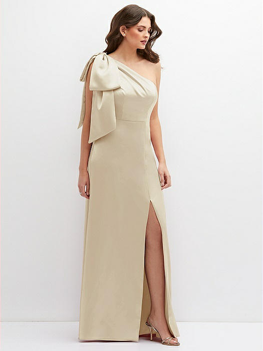 One-Shoulder Satin Maxi Dress with Chic Oversized Shoulder Bow