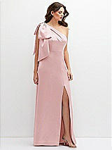 Front View Thumbnail - Ballet Pink One-Shoulder Satin Maxi Dress with Chic Oversized Shoulder Bow